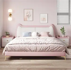 سرير ملكينج كوين مزدوج صغير بحجم واحد للأطفال سرير ناعم لطيف وردي أميرة للفتيات منجد رخيص سرير نوم جلدي