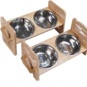 Soporte de madera para tazones de mascotas, doble tazón de acero inoxidable, marco ajustable para alimentar gatos y perros, comedero de madera maciza - Product Image 1