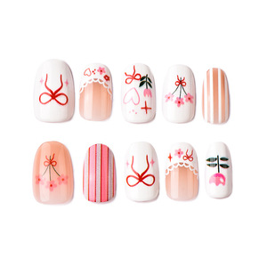 Faux ongles à presser courts carrés, motif nœud floral mignon, dégradé rose nude, <span class=keywords><strong>dentelle</strong></span> et cœur, peints à la main, style doux, pour <span class=keywords><strong>manucure</strong></span> quotidienne - Product Image 3