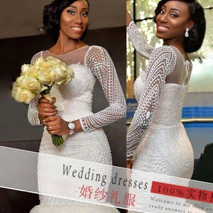 Robe de mariée africaine élégante à manches longues, nouvelle arrivée, personnalisée, luxueuse, avec de gros perles - Product Image 1