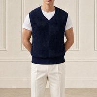 Gilet pull sans manches en tricot côtelé bleu marine pour homme, col en V, décontracté, automne, vente en gros, usine OEM ODM personnalisée