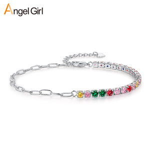 Bracelet Tennis en Chaîne Trombone en Laiton pour Femme, Zircon Cubique Coloré, <span class=keywords><strong>Accessoires</strong></span> Y2K, Cadeau de Luxe de Créateur, Plaqué Platine/Or - Product Image 1
