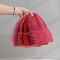 Einfarbige Kaninchen fell gestrickte Winter mütze Frauen Mann Doppels chicht gefaltete Manschette Plüsch kalte Mütze