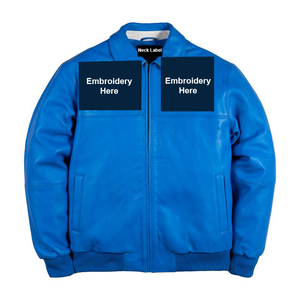 Men's Blue PU Leather Bomber Jacket Turn Down Collar Zipper Front Embroidery Design Casual Autumn Wear - Product Image 5