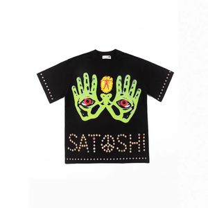 SATOSHI NAKAMOTO Nouvelle Collection Printemps T-shirt en Coton Imprimé Délavé Effet Vieilli avec Cordon de Serrage Rayé Coupe Ample Style Streetwear - Product Image 2