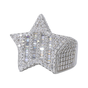 Bague de Bijouterie Personnalisée en Gros Or Blanc Baguette Étoile Rayée VVS Moissanite Diamant Bague Hip Hop pour Hommes et Femmes - Product Image 1