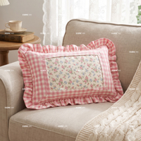 Coussin à volants en coton à carreaux roses 9*15 pouces, à finition DIY, avec panneau en tissu interchangeable et fermeture éclair