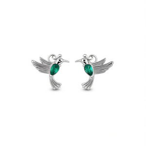 Pendientes de Plata Tibetana con Colibrí y Piedra Verde Corte Esmeralda Engastada en Bisel para Mujer, Regalo, Joyería de Moda - Product Image 1