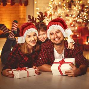 PARTYMENT Chapeau de Noël en tricot au crochet pour parents et enfants, en fil épais rouge et vert, pour fêtes d'hiver et du Nouvel An, décoration de Noël, chapeau de Père Noël - Product Image 6