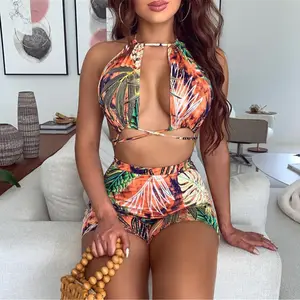 Sexy Halter Crissis Cross Jungle Leaves Print Bathing Suit Hot Backless Young Girls Beachwear