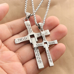 Stainless Steel Cross Pendant <b>Necklace</b> Men's Geometric Design Pave Setting Diamond Encrusted Fashion Jewelry - Product Image 2