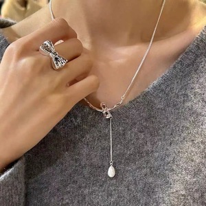 S925 Sterling Silver <b>Bow</b> Necklace With Pearl Pendant For Women <b>Gift</b> Jewelry - Product Image 1