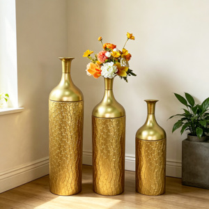 Ensemble de 3 vases décoratifs en métal, motif feuille d'or, vases de sol, vases hauts dorés pour la décoration de la maison, entrée - Product Image 3