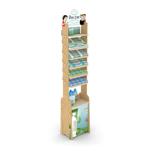 Expositor de suelo de madera personalizado para pasta de dientes, expositor de enjuague bucal de varios niveles con estantes inclinados - Product Image 1