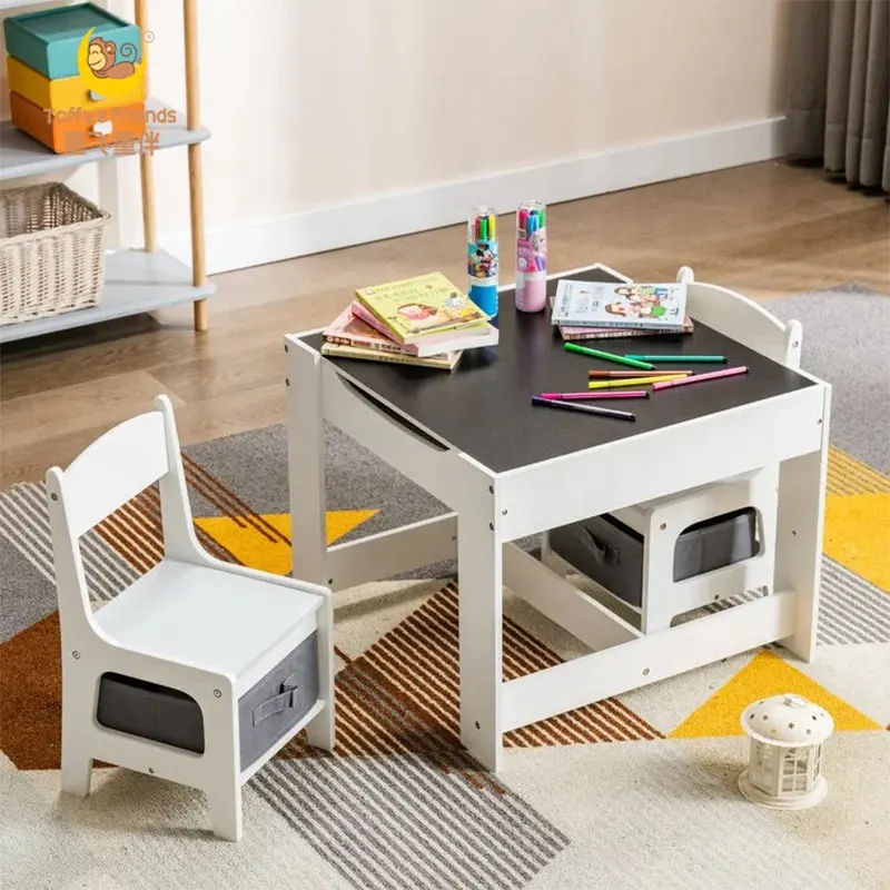 Toffy & Friendsキッズテーブルとチェアセット、ホワイトボードと黒板、3 in1ウッド幼児アクティビティテーブル
