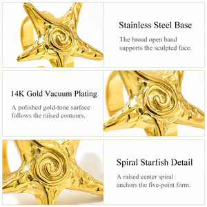 Anillo Ajustable de Estrella de Mar en Espiral, Acero Inoxidable, Chapado al Vacío en Oro de 14K, Diseño Texturizado y Audaz - Product Image 5