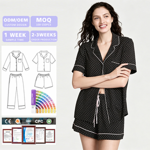 Pyjama d'été personnalisable pour femme en bambou à pois doux, avec col rabattable et short à cordon de serrage - Product Image 1