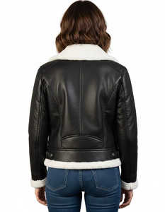 Veste de motard en peau de mouton véritable de qualité supérieure pour femmes, col en fausse fourrure, respirante, vêtements d'extérieur de mode pour l'hiver, logo personnalisé - Product Image 3