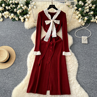 Robe décontractée élégante pour femmes, en dentelle, avec nœud, tricotée, à manches longues, coupe évasée, avec détails boutonnés, pour un usage quotidien