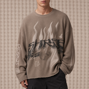 T-shirt Homme Noir Vintage Délavé Oversize à Épaules Tombantes, Manches Longues en Maille Gaufrée avec Ourlet Brut - Product Image 5