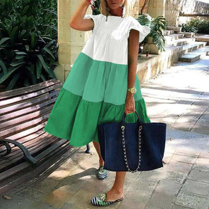 Casual Dress Women Three Color Patchwork <b>Elastic</b> Waist O Neck Full <b>Skirt</b> Leisure Style Contrast Color Print Dress - Product Image 1