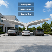 Structure de carport en membrane, auvent de stationnement perforé à trous ronds, type aile de mouette, imperméable, résistant aux UV, pour recharge de véhicules électriques, sur mesure
