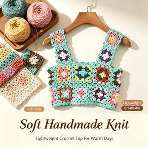 Top court en <span class=keywords><strong>crochet</strong></span> fait main <span class=keywords><strong>Granny</strong></span> Square, motif floral coloré, sans manches, style cami, débardeur bohème ajouré, tricoté, pour l'été et la plage, personnalisé - Product Image 4