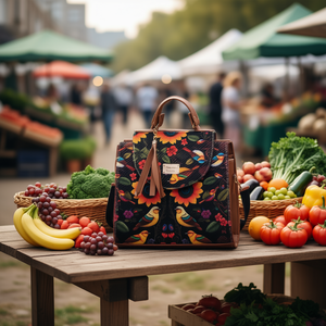 Bolso de compras de yute para mujer Fana Emilia, tamaño mediano, estampado de pájaros y flores, cierre con broche, asa larga para la mano - Product Image 2