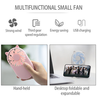 Ventilateur pliable rose, charge USB, ventilateur main oreilles chat, support bureau, vent fort, 3 vitesses, ventilateur enfant