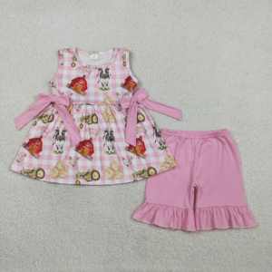 Girls Vintage <b>Rose</b> Print Button Front Tunic <b>Top</b> and Ruffle Shorts Set Children Girl's Casual Summer Wholesale Clothing - Product Image 3