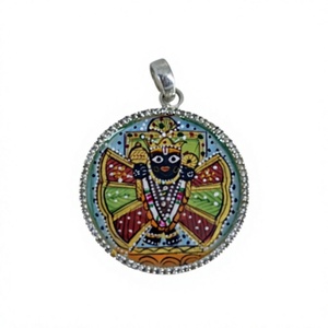 Custom 925 Sterling Silver Pendant Shrinathji Pichwai Miniature <b>Painting</b> Enamel CZ Diamond Halo Medallion Pendant for Men Women - Product Image 1