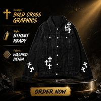 Veste en jean noir délavé pour homme, style gothique avec patch croix, manteau de camionneur vintage, streetwear, logo personnalisé OEM