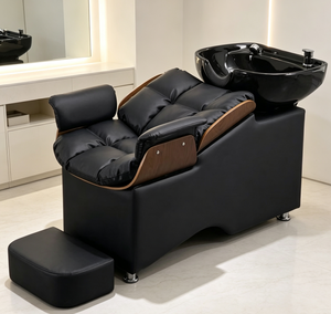 Fauteuil de lavage noir inclinable pour salon de coiffure avec bac intégré et repose-pieds - Product Image 1