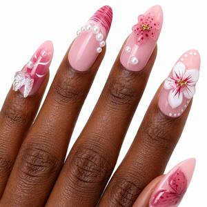 <span class=keywords><strong>Uñas</strong></span> Postizas Románticas Florales al por Mayor, <span class=keywords><strong>Uñas</strong></span> Postizas Personalizadas con Forma de Almendra, Color Rosa, Flores 3D, Perlas, Mariposas, Lujo - Product Image 1