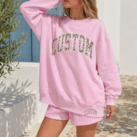 Ensemble survêtement décontracté pour femme grande taille en coton, sweat-shirt à col rond et short, imprimé léopard personnalisé, style universitaire, streetwear