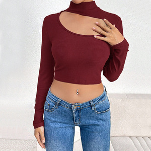 2026 New Half High Collar Hollow Long Sleeve <b>T</b>-<b>shirt</b> Short <b>Tight</b> Bottom Top - Product Image 1
