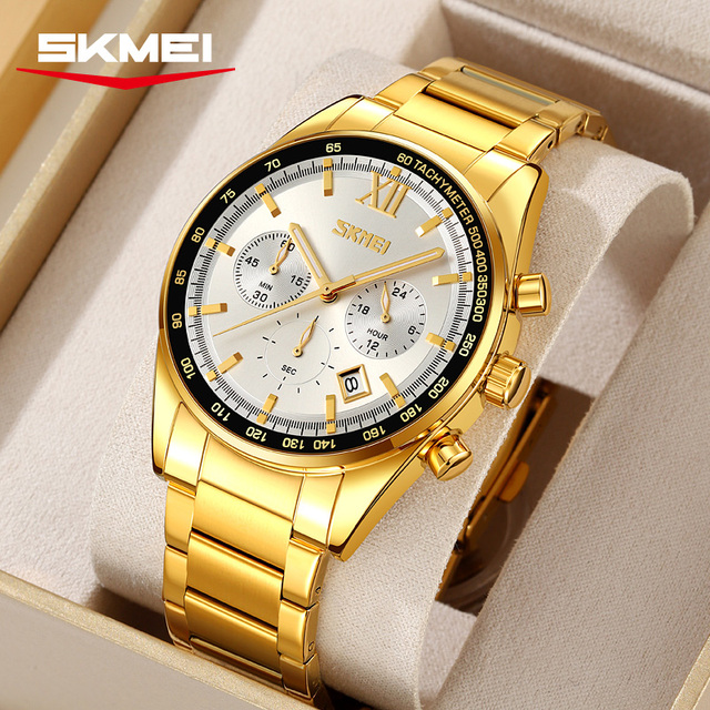 SKMEI 9096 Custom Logo Fashion Business Mens Quartz Watches Stainless Steel Waterproof Chronograph with Auto Date Wristwatch
