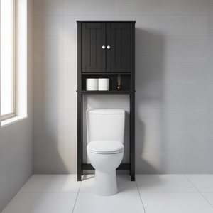 Étagère de salle de bain autoportante en bois massif noir, design moderne, 23.6x10.6x64.8, à placer au-dessus des toilettes - Product Image 2