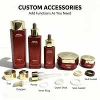 Ensemble d'emballages cosmétiques en verre rouge vide pour soins de la peau : flacon de toner, lotion, sérum, pot de crème pour le visage, logo, taille et couleur personnalisables