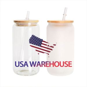 En stock dans nos entrepôts aux États-Unis : Verre en forme de canette de bière vierge pour sublimation, 12 et 16 oz, avec couvercle en bambou et paille - Product Image 1