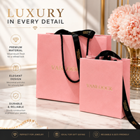 Sac cadeau rose de luxe avec logo personnalisé, sac d'emballage pour bijoux, sac de shopping en papier premium avec poignée en ruban noir pour cadeaux et vente au détail