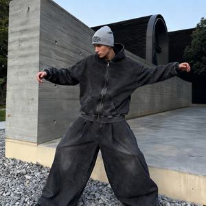 TKAN366D มีฮู้ดโอเวอร์ไซส์สำหรับผู้ชายโอเวอร์ไซส์ผ้าฝ้าย100% วินเทจเสื้อผ้าแนวสตรีทแวร์มีซิปซีดจาง - Product Image 1