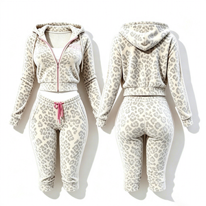 Custom Logo <b>Women</b> Leopard 2 Piece <b>Velour</b> <b>Tracksuit</b> Full Zip Striped Hooded Crop Jacket Capri Legging Set Y2K Velvet <b>Women's</b> Sets - Product Image 1