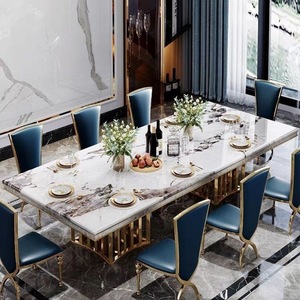 وصل حديثًا طقم طعام فاخر وعصري مكون من 10 قطع، طاولة رخامية مستطيلة تتسع لـ 8 أشخاص، مع كراسي بيضاء وذهبية، أثاث منزلي جديد - Product Image 3