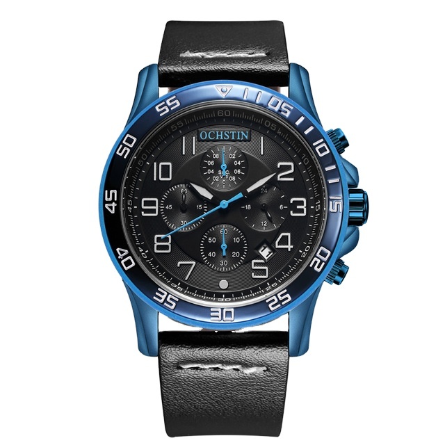 Ochstin Luxury Brand Chronograph Clock Man Business Date Big Dial Genuine Leather Strap Men Sports Waterproof Watch Hot Sale