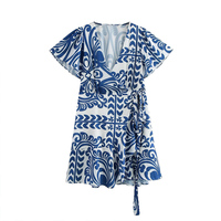 Robe courte d'été pour femmes, nouvelle mode imprimée, rétro, col en V, manches courtes, mini robe décontractée pour femmes