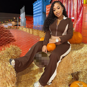 Весенний Женский Повседневный комплект из 2 предметов в стиле пэчворк на молнии с длинным рукавом с отложным воротником уличный топ с длинными брюками подходящие костюмы - Product Image 3