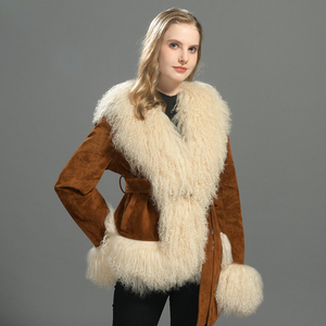 Giacca <span class=keywords><strong>in</strong></span> Vera Pelle da <span class=keywords><strong>Donna</strong></span> Moda Autunno Inverno, <span class=keywords><strong>Cappotto</strong></span> <span class=keywords><strong>in</strong></span> Pelle Scamosciata <span class=keywords><strong>con</strong></span> Bordo <span class=keywords><strong>in</strong></span> <span class=keywords><strong>Pelliccia</strong></span> di Agnello Mongolo a Pelo Lungo - Product Image 3