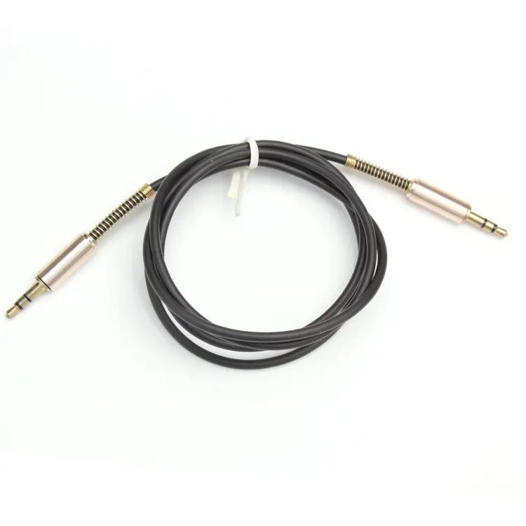 Made in China 3.5mm metal gold head spring flexible aux cable 3.5mm male audio cable for mobile speaker TV computer car