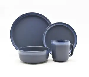 Set peralatan makan keramik lapisan reaktif Matte biru gaya mode Eropa Set